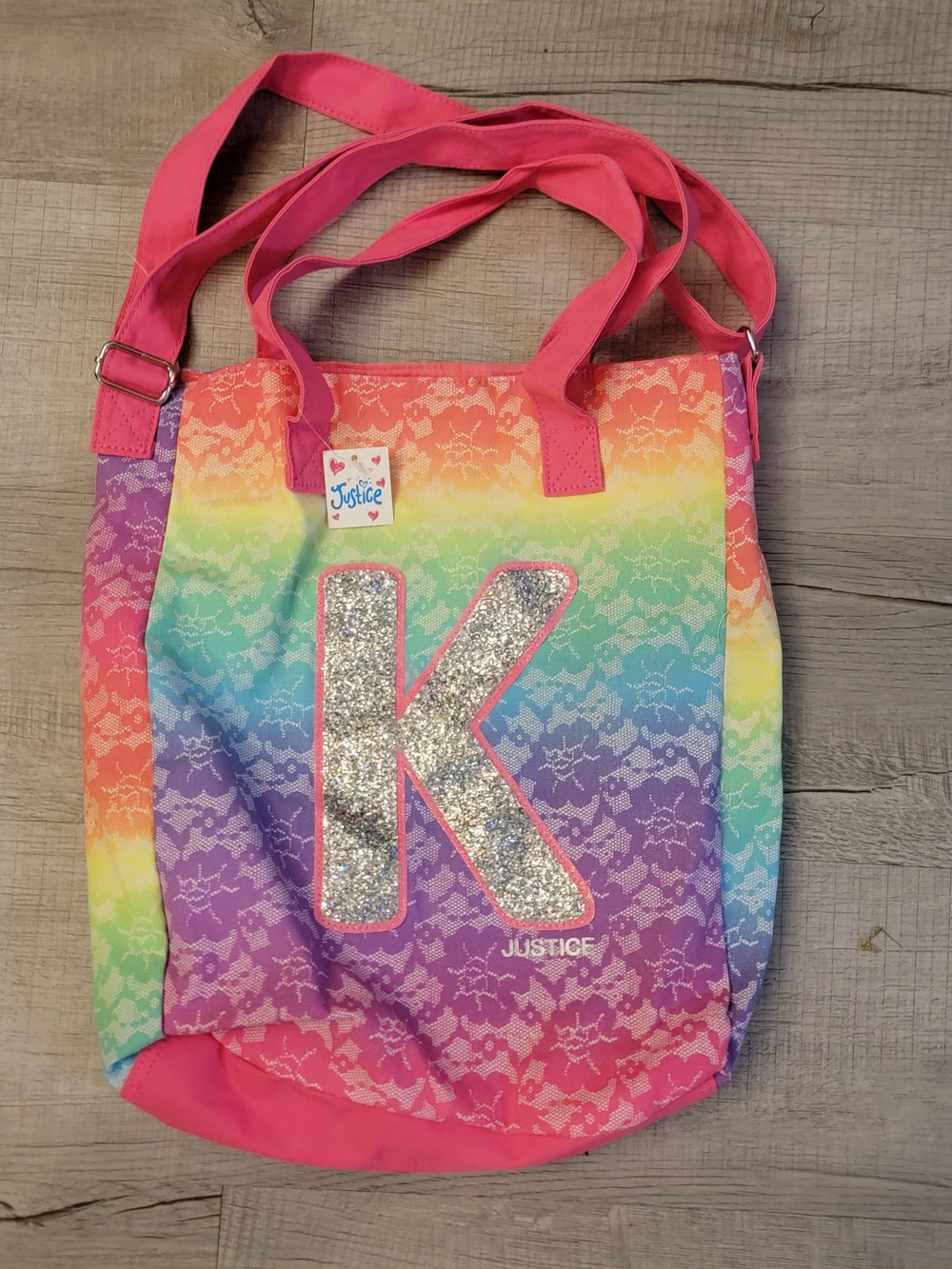 Justice Rainbow Glitter K Initial Tote Bag - Pink